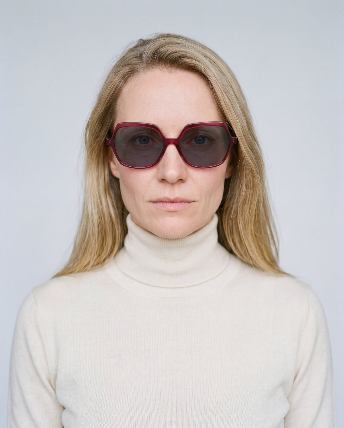 Andrea Wine Red Progressive Sun Readers, worn